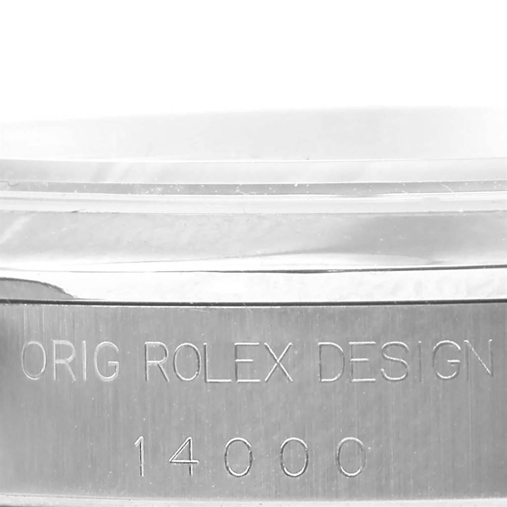 The image shows a close-up of the Rolex Air-King 14000 Men's Stainless Steel Black Dial 14000 Men's Stainless Steel Black Dial's case side, displaying the engraved model number 14000.