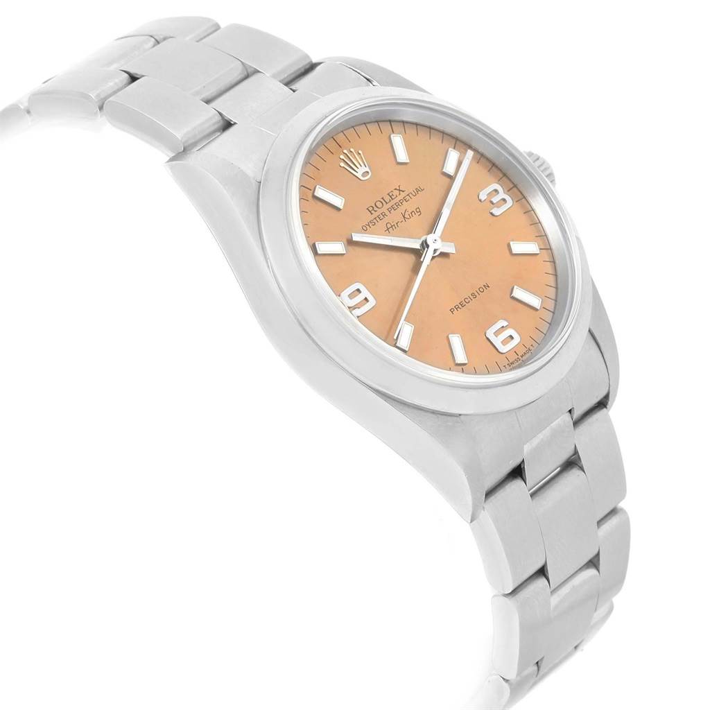 The image shows a Rolex Air-King 14000 Stainless Steel Pink Dial 14000 Stainless Steel Pink Dial watch from a side angle, highlighting its bracelet, crown, and beige dial with markers.