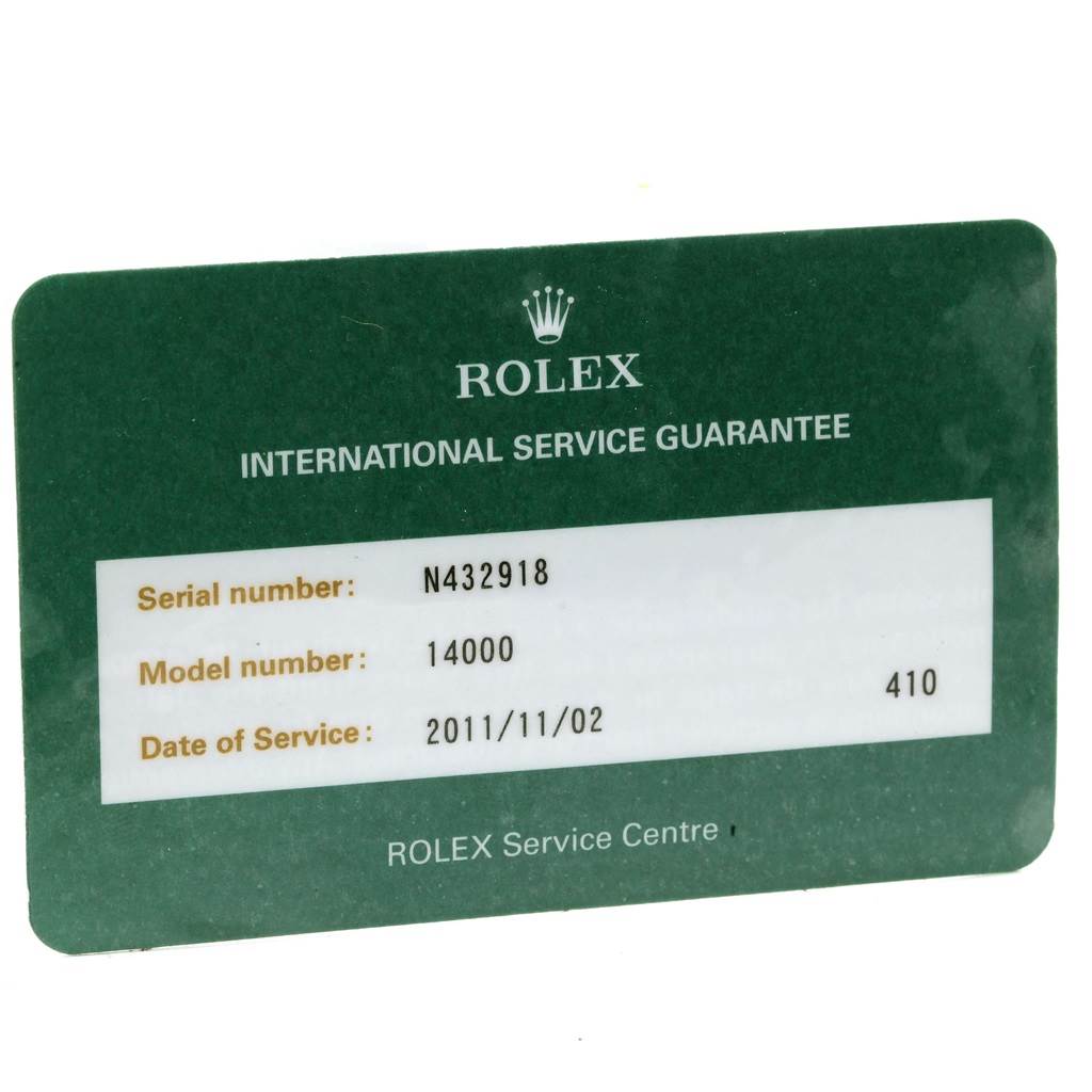 The image shows an international service guarantee card for the Rolex Air-King 14000 Stainless Steel Pink Dial 14000 Stainless Steel Pink Dial model, displaying the serial and model numbers.