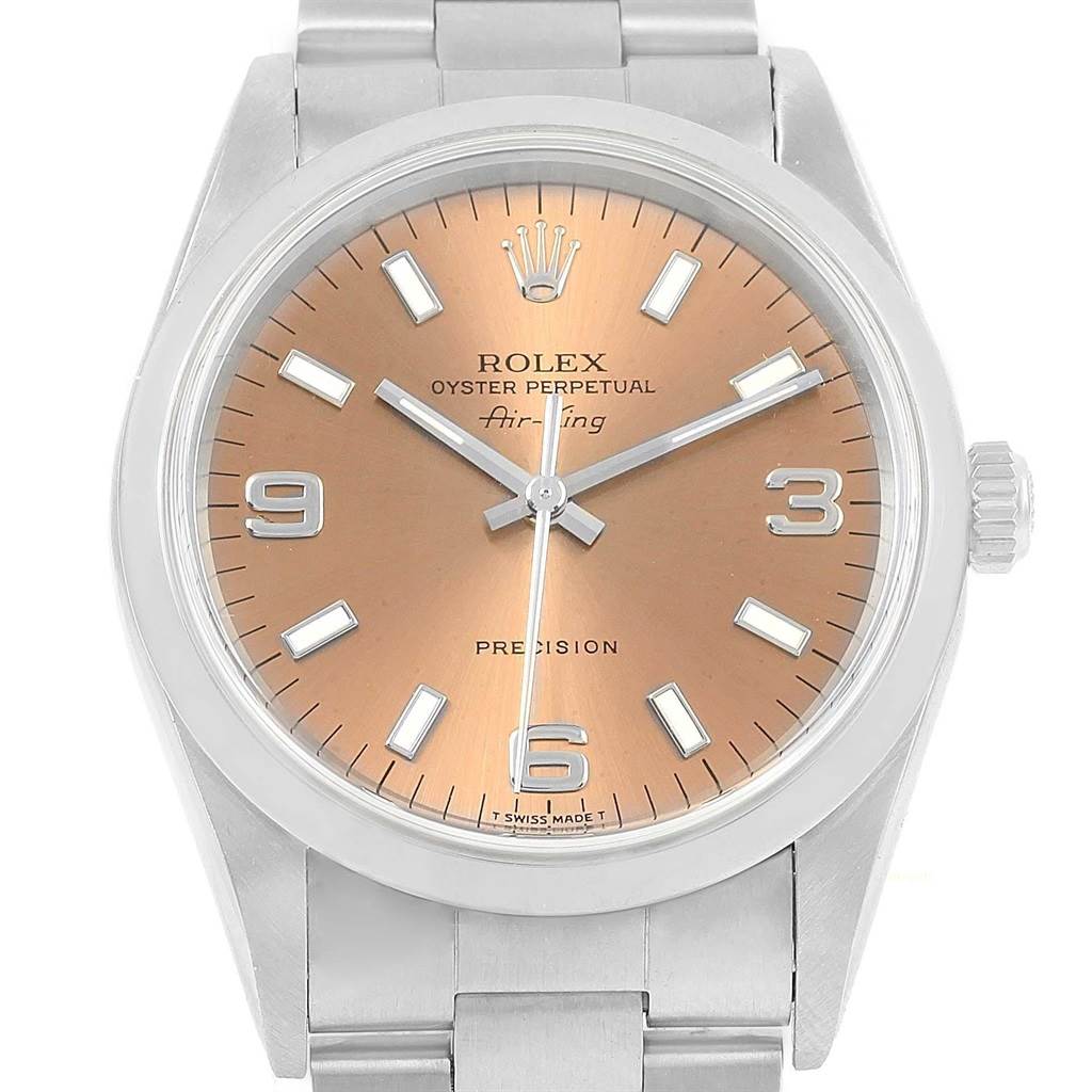 The image shows a front view of the Rolex Air-King 14000 Stainless Steel Pink Dial 14000 Stainless Steel Pink Dial watch, highlighting its dial, hands, bezel, crown, and bracelet.