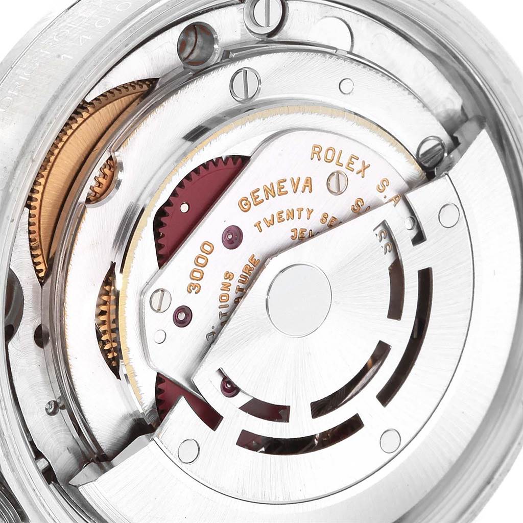 This image shows the internal movement mechanism of the Rolex Air-King 14000 Stainless Steel Pink Dial 14000 Stainless Steel Pink Dial watch at a close-up angle.