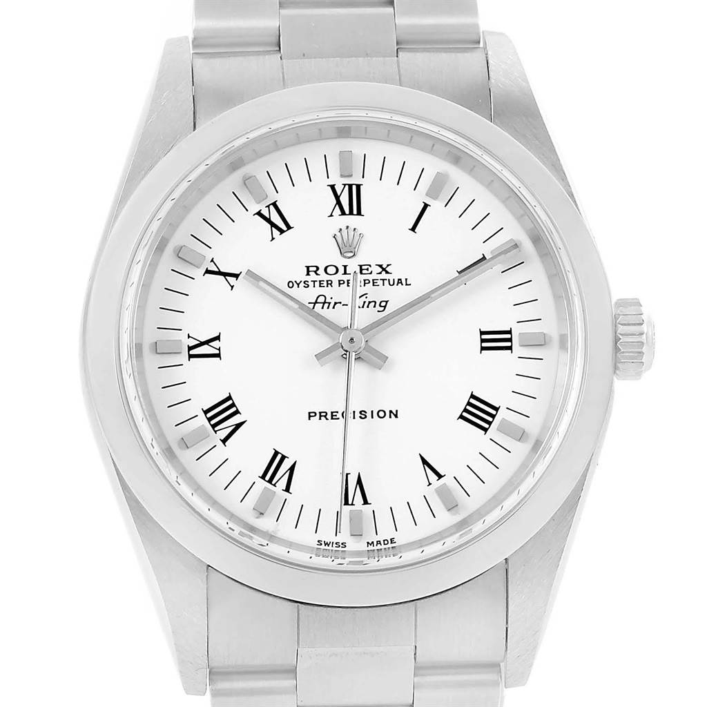 The image shows a front view of a Rolex Air-King 14000 Men's Stainless Steel White Dial 14000 Men's Stainless Steel White Dial watch, highlighting its dial, hands, markers, and part of its bracelet.