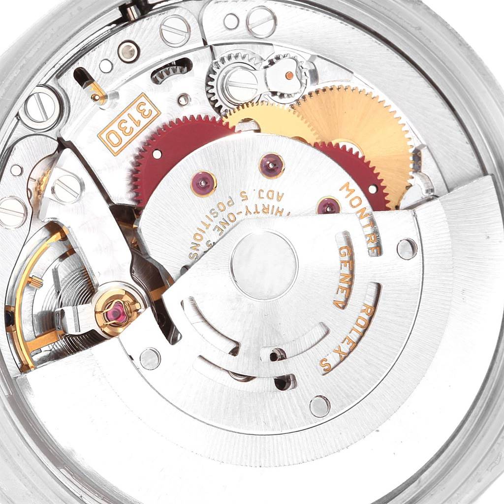 This image shows a close-up view of the movement mechanism inside a Rolex Air-King 14000 Men's Stainless Steel White Dial 14000 Men's Stainless Steel White Dial watch.