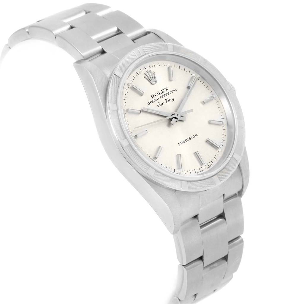 The Rolex Air-King 14010 Men's Stainless Steel Silver Dial 14010 Men's Stainless Steel Silver Dial watch is shown from a slight side angle, displaying the face, bezel, and stainless steel bracelet.