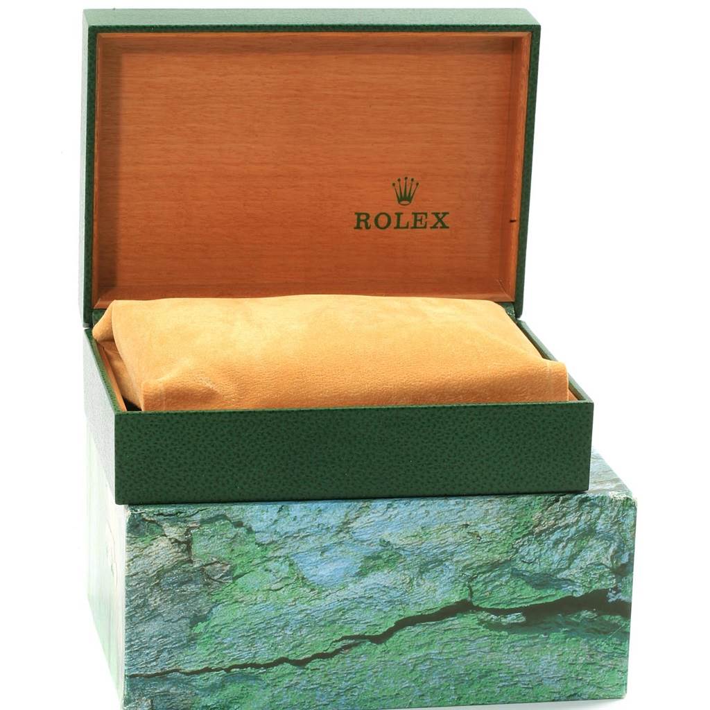 The image shows a Rolex Air-King 14010 Men's Stainless Steel Silver Dial 14010 Men's Stainless Steel Silver Dial watch box, opened, with a soft yellow cushion inside.