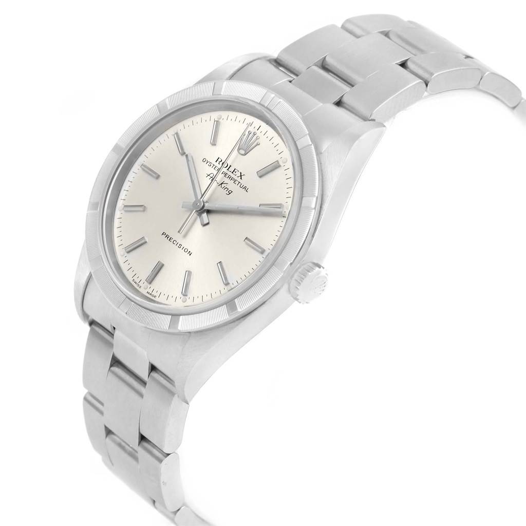 The image shows a Rolex Air-King 14010 Men's Stainless Steel Silver Dial 14010 Men's Stainless Steel Silver Dial watch at a slight angle, displaying the dial, crown, and bracelet.
