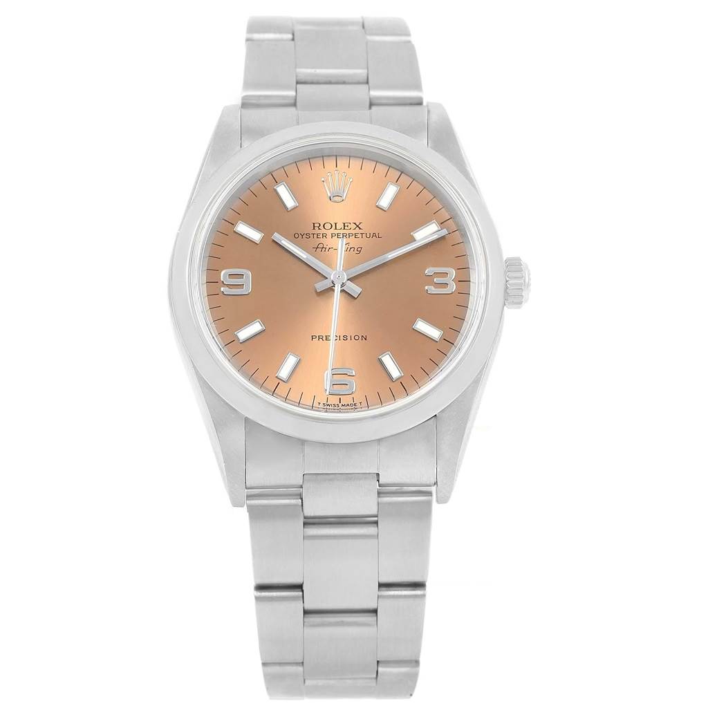 The Rolex Air-King 14000 Men's Stainless Steel Pink Dial 14000 Men's Stainless Steel Pink Dial watch is shown from a frontal angle, displaying the face, crown, and bracelet.