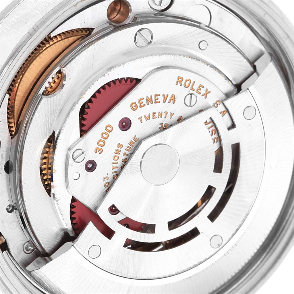 The image shows a close-up view of the Rolex Air-King 14000 Men's Stainless Steel Pink Dial 14000 Men's Stainless Steel Pink Dial watch's movement and internal mechanical parts.