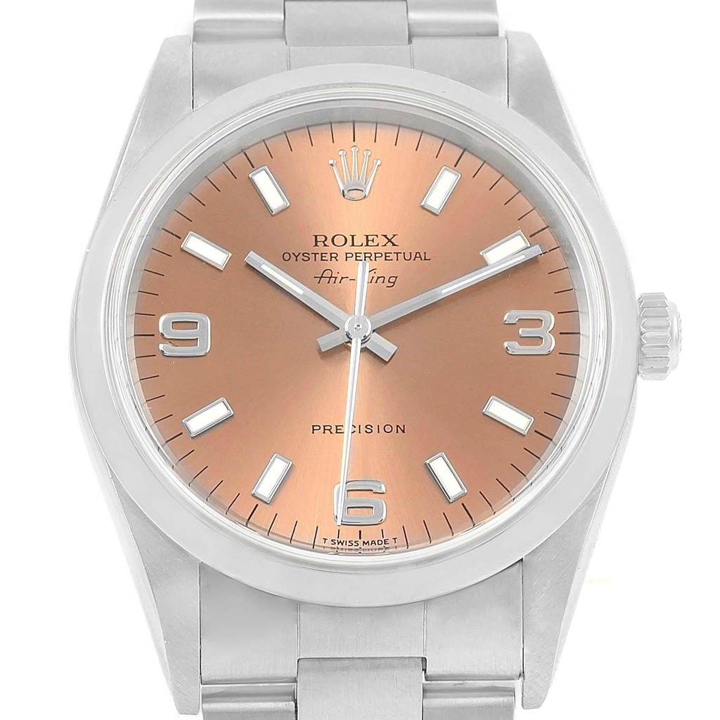 The image shows a Rolex Air-King 14000 Men's Stainless Steel Pink Dial 14000 Men's Stainless Steel Pink Dial watch from a front angle, featuring its dial, hands, hour markers, and crown.