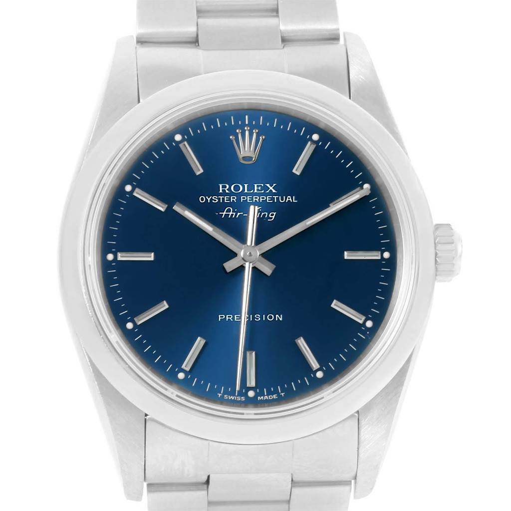 The image shows a frontal view of a Rolex Air-King 14000 Men's Stainless Steel Blue Dial 14000 Men's Stainless Steel Blue Dial watch, displaying the face, bezel, crown, and part of the bracelet.