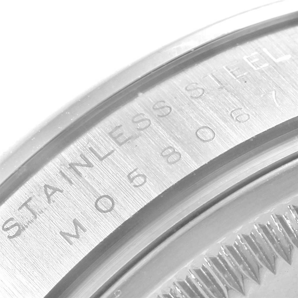 Close-up of the stainless steel case back with engravings of the Rolex Air-King 114200 Stainless Steel Silver Dial 114200 Stainless Steel Silver Dial watch.