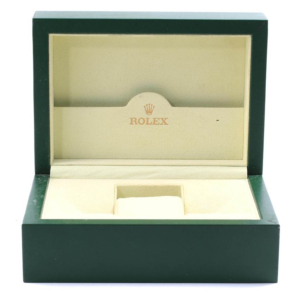 This is an open empty box for a Rolex Air-King 114200 Stainless Steel Silver Dial 114200 Stainless Steel Silver Dial watch, showing the interior padding and logo.