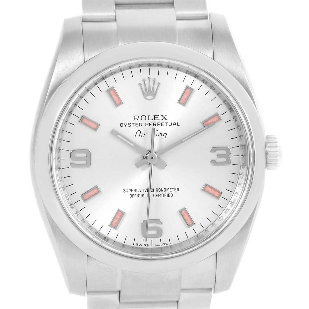 The image shows a front view of a Rolex Air-King 114200 Stainless Steel Silver Dial 114200 Stainless Steel Silver Dial watch, highlighting the dial, hands, markers, and bracelet.