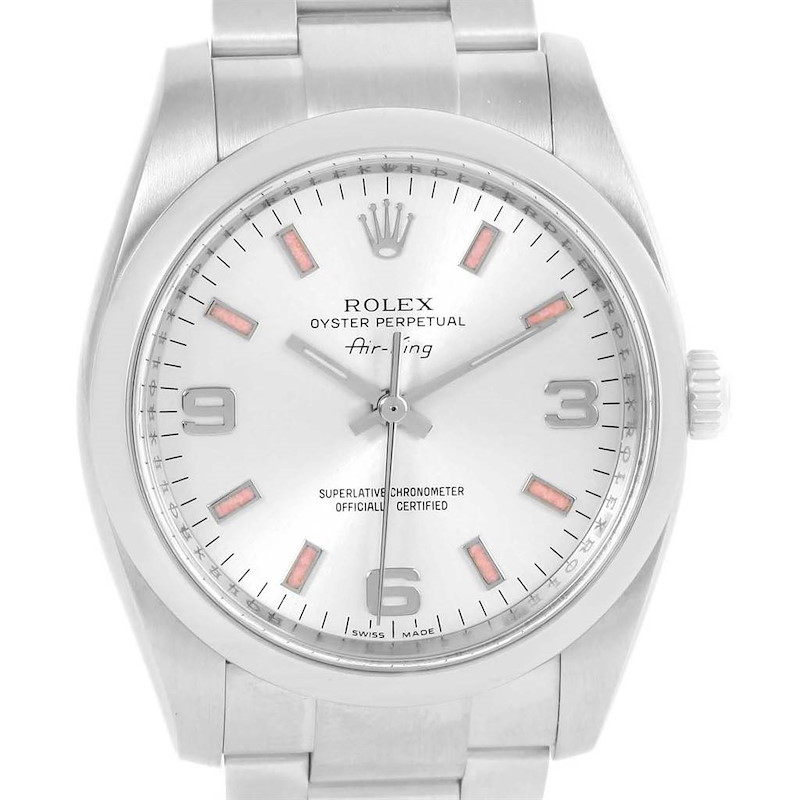 Rolex Air King Silver Dial Pink Baton Markers Unisex Watch 114200 SwissWatchExpo