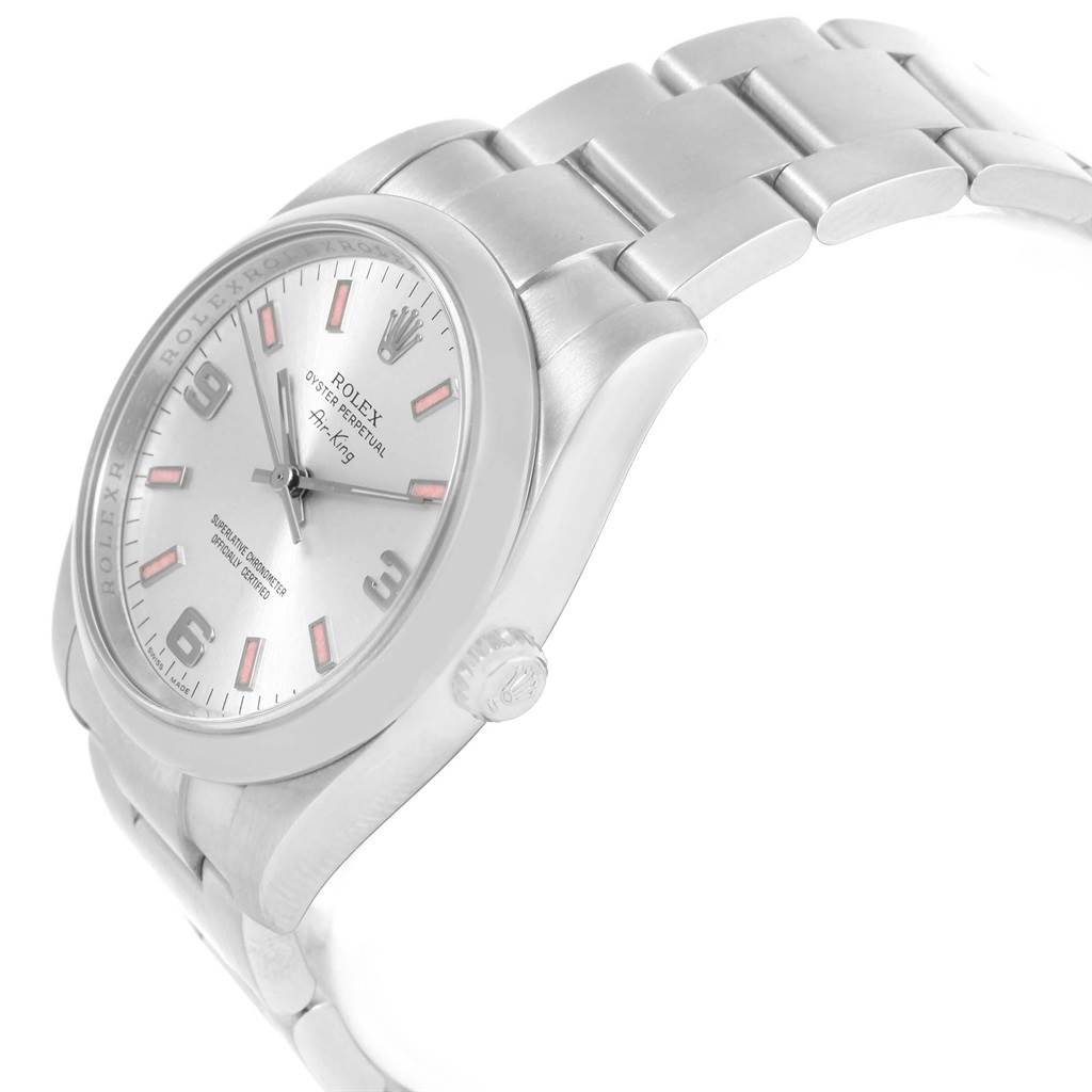 The image shows a Rolex Air-King 114200 Stainless Steel Silver Dial 114200 Stainless Steel Silver Dial watch from an angled side view, highlighting the bracelet, case, dial, and crown.