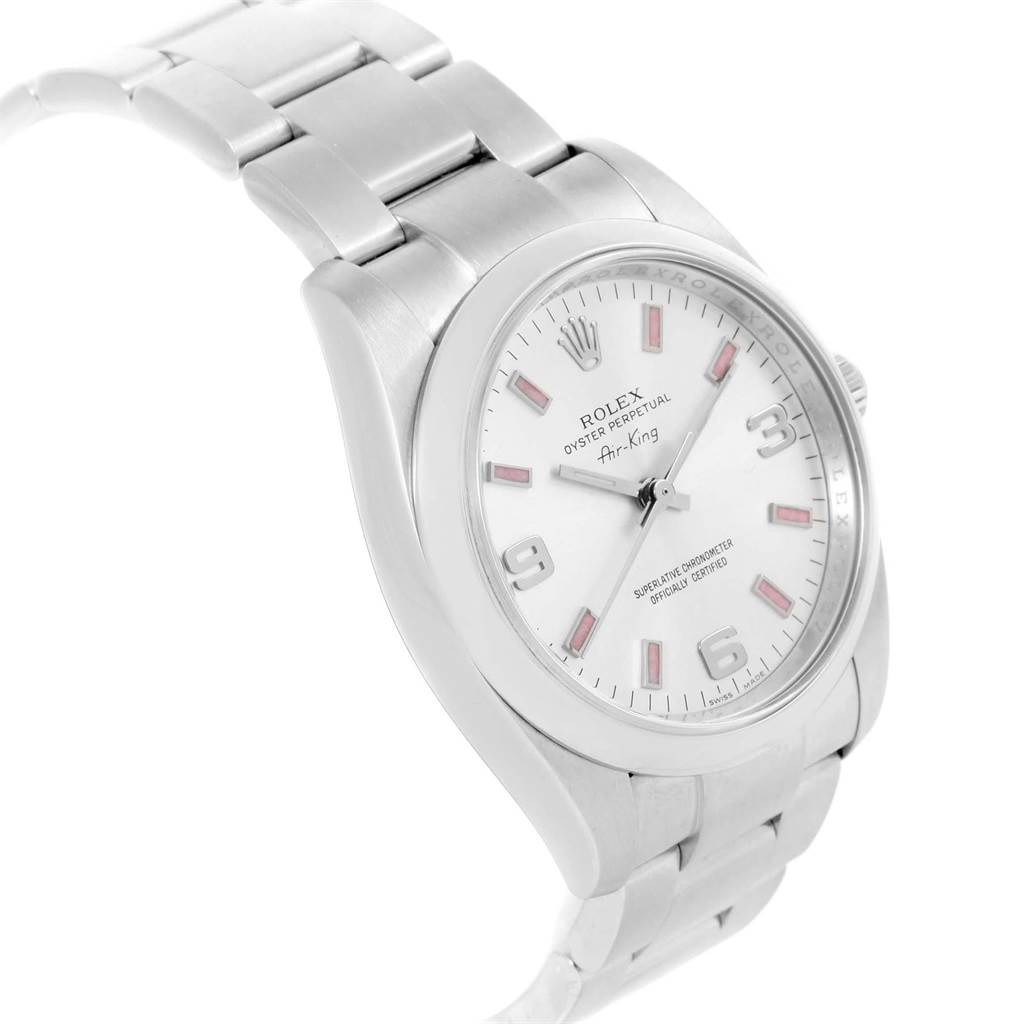 The image shows a Rolex Air-King 114200 Stainless Steel Silver Dial 114200 Stainless Steel Silver Dial watch angled from the top-left, highlighting the watch face, bezel, and part of the bracelet.
