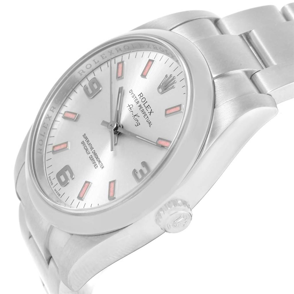 The image shows a side view of a Rolex Air-King 114200 Stainless Steel Silver Dial 114200 Stainless Steel Silver Dial watch, displaying its dial, crown, case, and part of the bracelet.