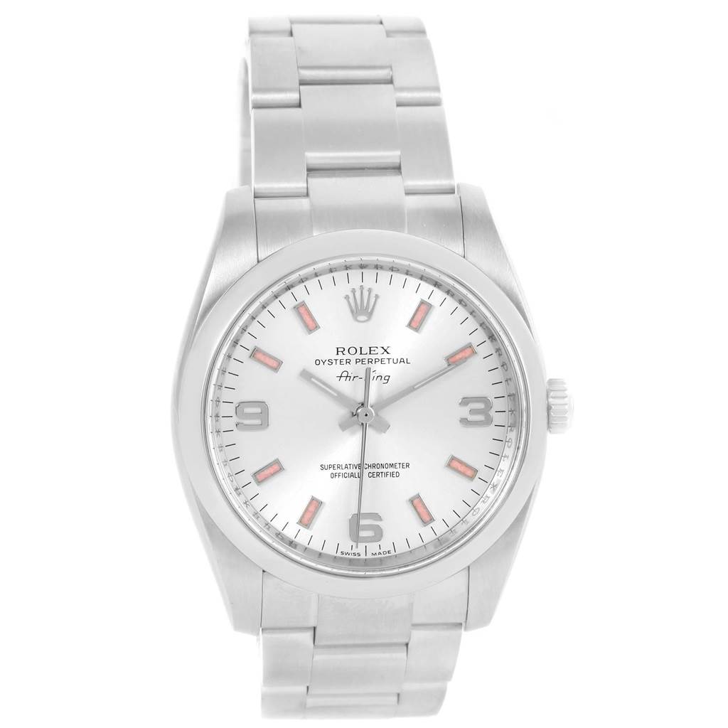 The image shows a Rolex Air-King 114200 Stainless Steel Silver Dial 114200 Stainless Steel Silver Dial watch from a front angle, highlighting its face, hands, markers, and bracelet.