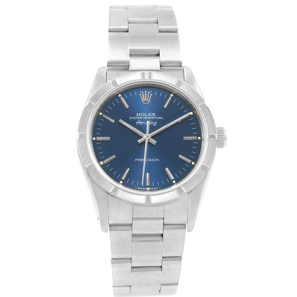 The Rolex Air-King 14010 Men's Stainless Steel Blue Dial 14010 Men's Stainless Steel Blue Dial watch is shown from the front, displaying the face, bezel, and bracelet.