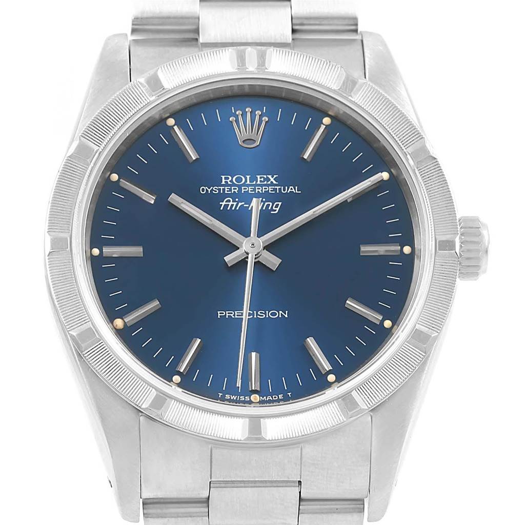 The image shows a front view of a Rolex Air-King 14010 Men's Stainless Steel Blue Dial 14010 Men's Stainless Steel Blue Dial watch, highlighting its blue dial and silver bracelet.