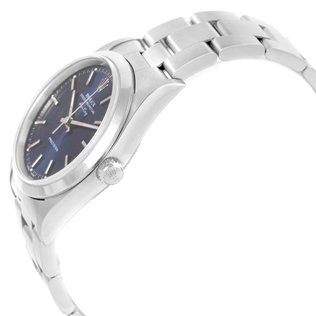 The image showcases a side angle of a Rolex Air-King 14000 Men's Stainless Steel Blue Dial 14000 Men's Stainless Steel Blue Dial, highlighting the bracelet and case with the crown and part of the dial visible.