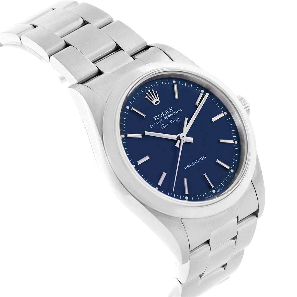 The image shows a Rolex Air-King 14000 Men's Stainless Steel Blue Dial 14000 Men's Stainless Steel Blue Dial watch at a slight angle, highlighting the face, bezel, crown, and part of the bracelet.