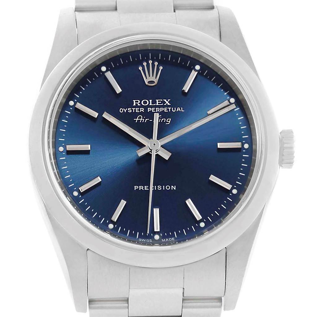 This image shows a front view of the Rolex Air-King 14000 Men's Stainless Steel Blue Dial 14000 Men's Stainless Steel Blue Dial watch, highlighting the dial, crown, and part of the bracelet.