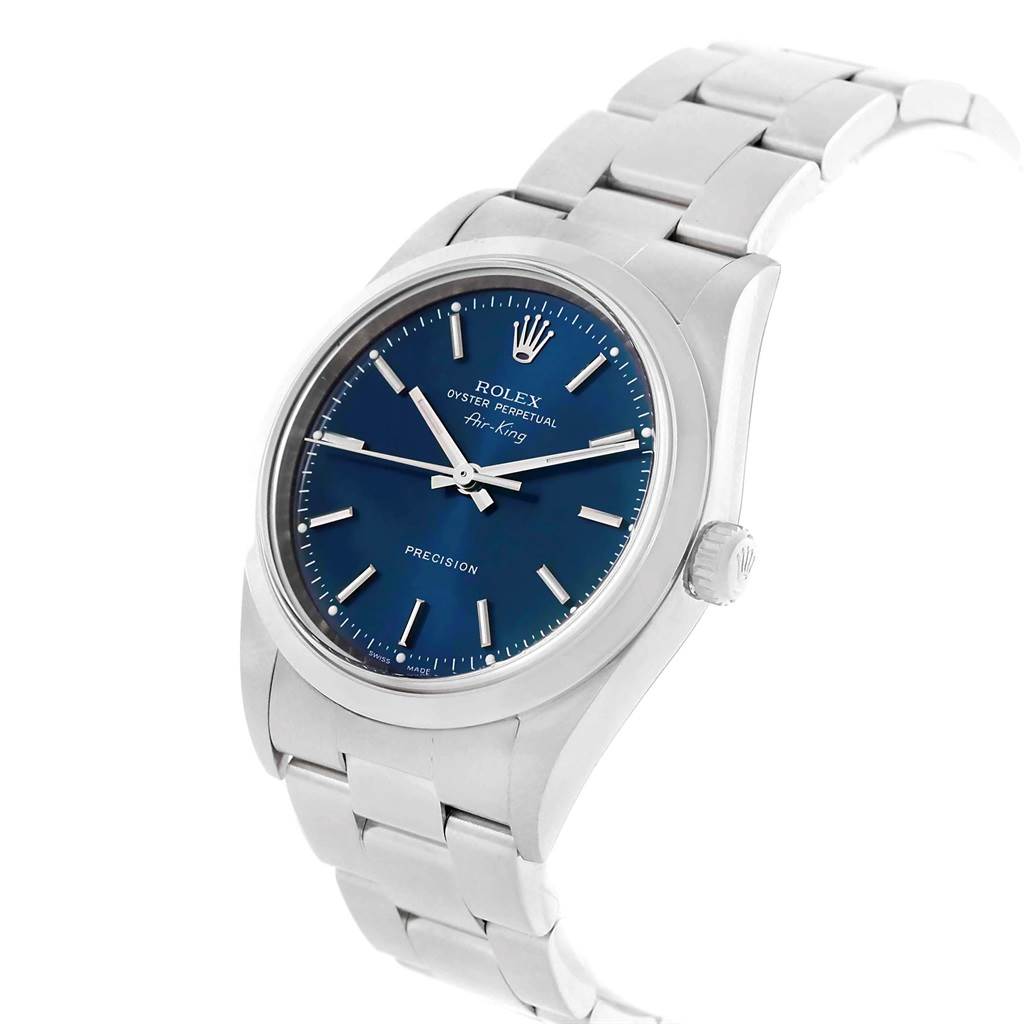 The Rolex Air-King 14000 Men's Stainless Steel Blue Dial 14000 Men's Stainless Steel Blue Dial watch is shown from a slightly angled front view, displaying its face, crown, and bracelet.