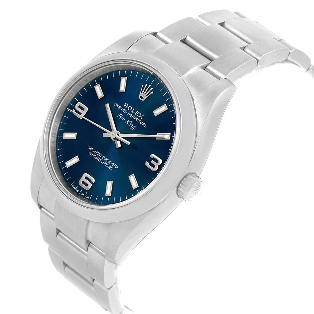 The image shows a side angle of the Rolex Air-King 114200 Men's Stainless Steel Blue Dial 114200 Men's Stainless Steel Blue Dial watch, focusing on the dial, case, and bracelet.