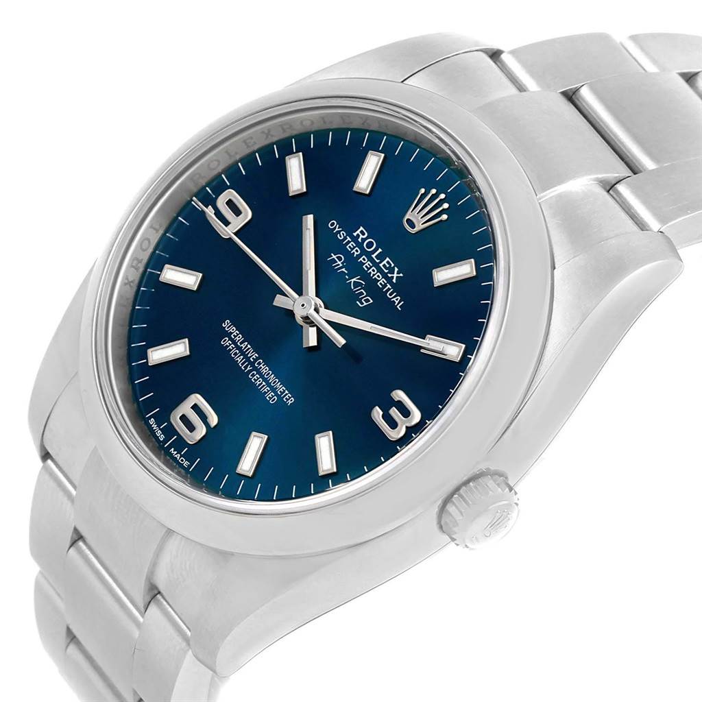 The image shows a Rolex Air-King 114200 Men's Stainless Steel Blue Dial 114200 Men's Stainless Steel Blue Dial watch at an angle displaying the face, bezel, and part of the bracelet.