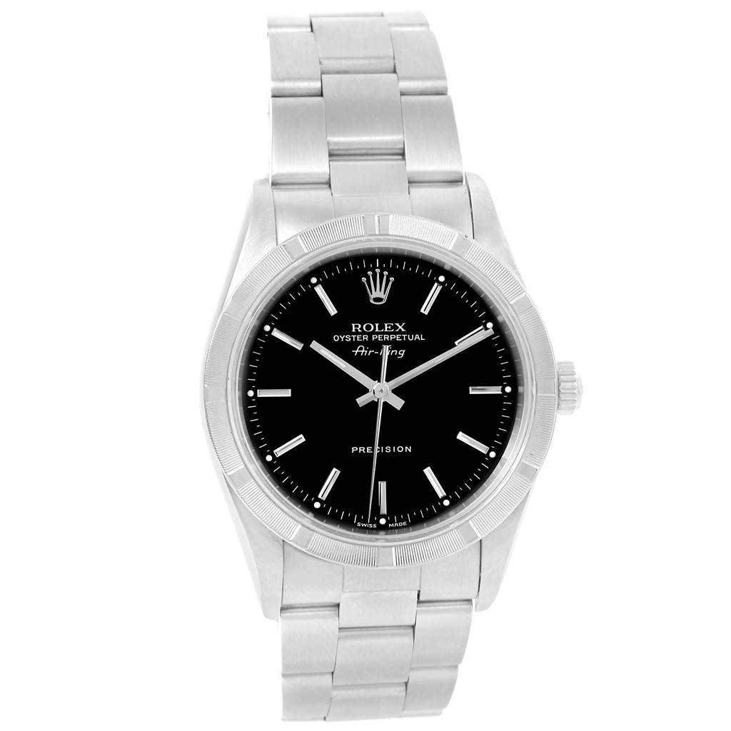 The image shows a front view of the Rolex Air-King 14010 Men's Stainless Steel Black Dial 14010 Men's Stainless Steel Black Dial watch, clearly displaying the dial, bezel, and bracelet.