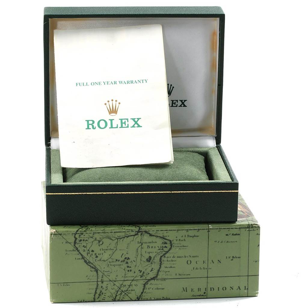 The image shows the warranty card and packaging for a Rolex Air-King 14010 Men's Stainless Steel Black Dial 14010 Men's Stainless Steel Black Dial watch.