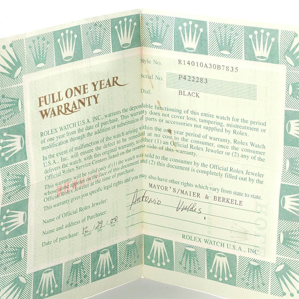 The image shows the warranty card for the Rolex Air-King 14010 Men's Stainless Steel Black Dial 14010 Men's Stainless Steel Black Dial watch, featuring the model number, serial number, and purchase details.