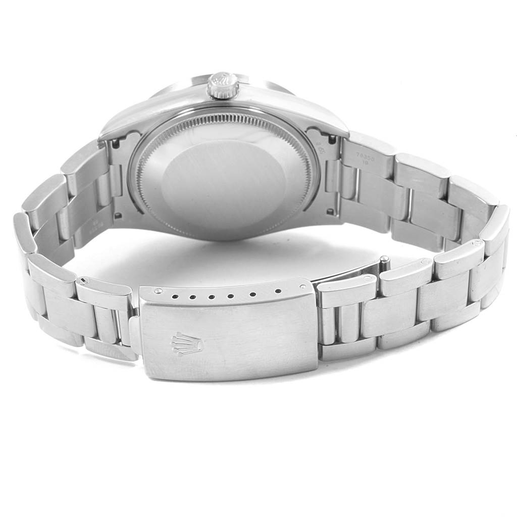 This image shows the back view of the Rolex Air-King 14010 Men's Stainless Steel Black Dial 14010 Men's Stainless Steel Black Dial watch, highlighting the bracelet, clasp, case back, and crown.