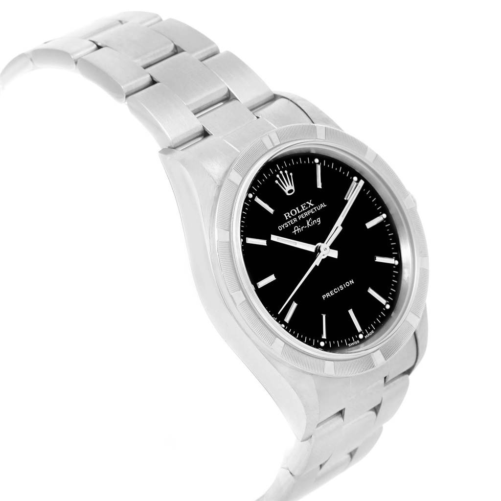 The image shows a Rolex Air-King 14010 Men's Stainless Steel Black Dial 14010 Men's Stainless Steel Black Dial watch at an angled side view, displaying the black dial, case, and part of the bracelet.