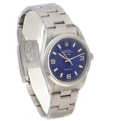 The image shows a Rolex Air-King 14000 Men's Stainless Steel Blue Dial 14000 Men's Stainless Steel Blue Dial watch at a three-quarter angle, displaying the face, bezel, crown, and bracelet.