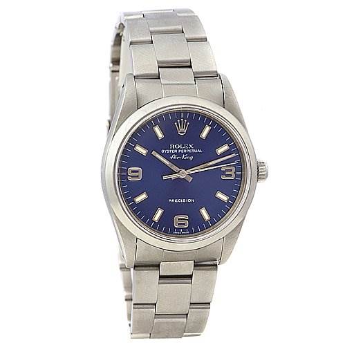 This image shows a Rolex Air-King 14000 Men's Stainless Steel Blue Dial 14000 Men's Stainless Steel Blue Dial watch, featuring its blue dial, stainless steel case, and bracelet, viewed from the front.