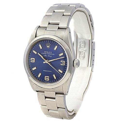 The image shows a Rolex Air-King 14000 Men's Stainless Steel Blue Dial 14000 Men's Stainless Steel Blue Dial watch from an angled top-view, highlighting the dial, bezel, case, and bracelet.