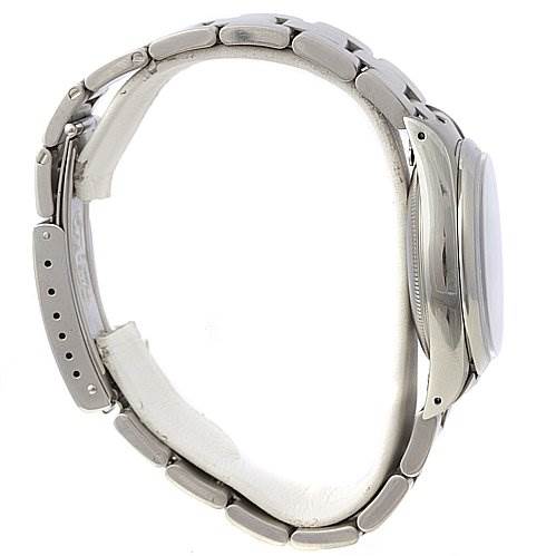 The Rolex Air-King 14000 Men's Stainless Steel Blue Dial 14000 Men's Stainless Steel Blue Dial watch is shown from a side angle, displaying its bracelet and case.