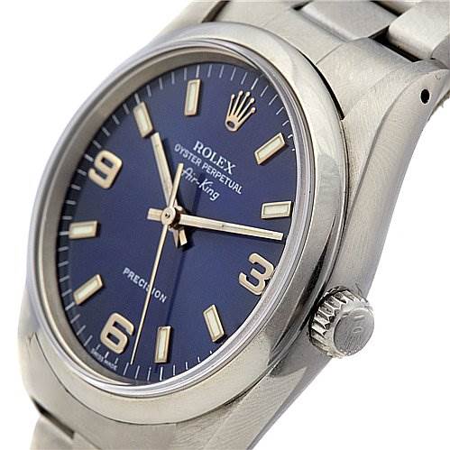 This image shows a side and front view of the Rolex Air-King 14000 Men's Stainless Steel Blue Dial 14000 Men's Stainless Steel Blue Dial watch, focusing on the blue dial, crown, and partial bracelet.