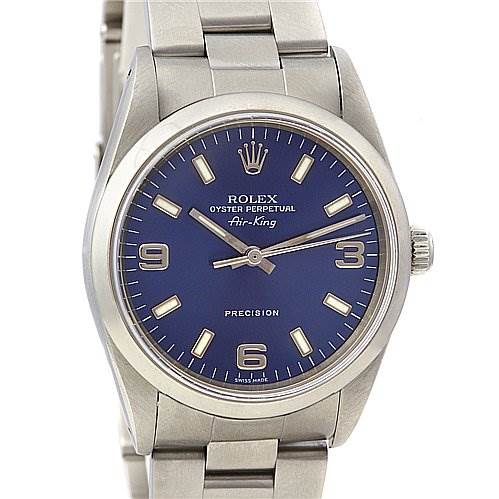 The Rolex Air-King 14000 Men's Stainless Steel Blue Dial 14000 Men's Stainless Steel Blue Dial watch is shown from the front, displaying its face, bezel, case, and bracelet.
