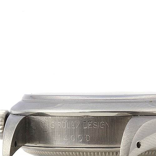 This image shows a close-up side view of the case of a Rolex Air-King 14000 Men's Stainless Steel Blue Dial 14000 Men's Stainless Steel Blue Dial, highlighting the engraving with the model number and brand name.