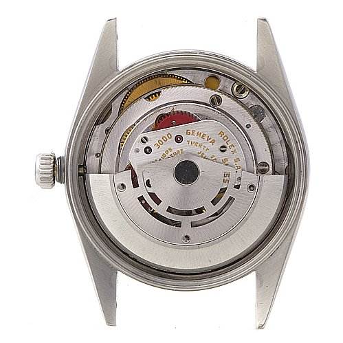 This image shows the inner mechanical movement of a Rolex Air-King 14000 Men's Stainless Steel Blue Dial 14000 Men's Stainless Steel Blue Dial watch from the rear angle with the case back removed.
