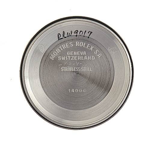 This image shows the case back of a Rolex Air-King 14000 Men's Stainless Steel Blue Dial 14000 Men's Stainless Steel Blue Dial watch, featuring inscriptions and markings.