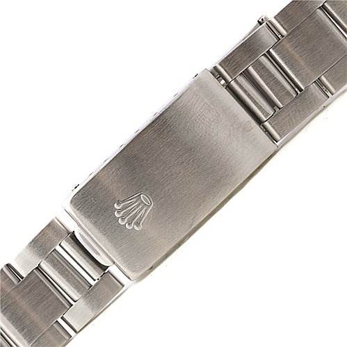 The image shows a close-up of the clasp and part of the metal bracelet of a Rolex Air-King 14000 Men's Stainless Steel Blue Dial 14000 Men's Stainless Steel Blue Dial watch.
