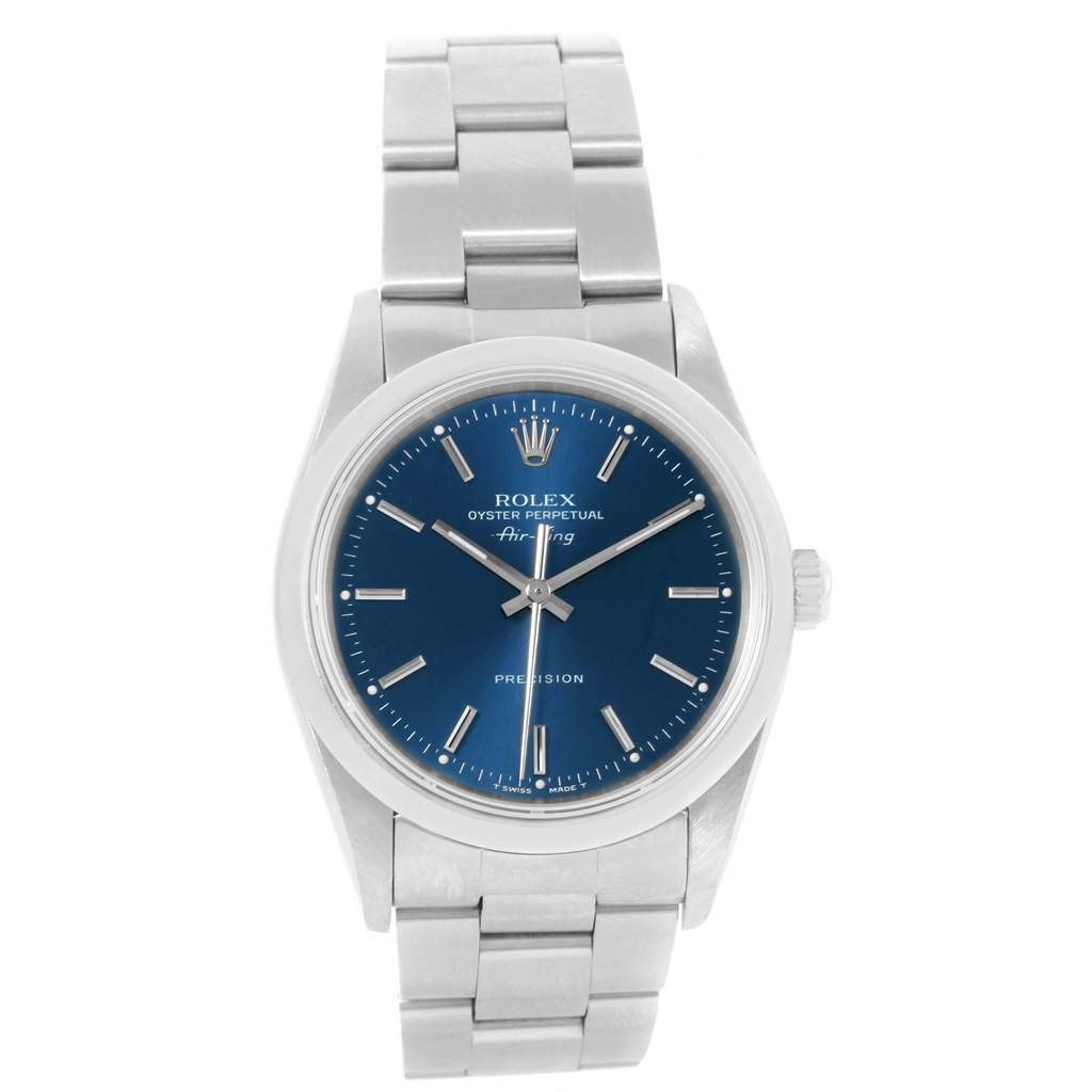 The Rolex Air-King 14000 Men's Stainless Steel Blue Dial 14000 Men's Stainless Steel Blue Dial watch is shown from a front angle, displaying its blue dial, hour markers, and metal bracelet.