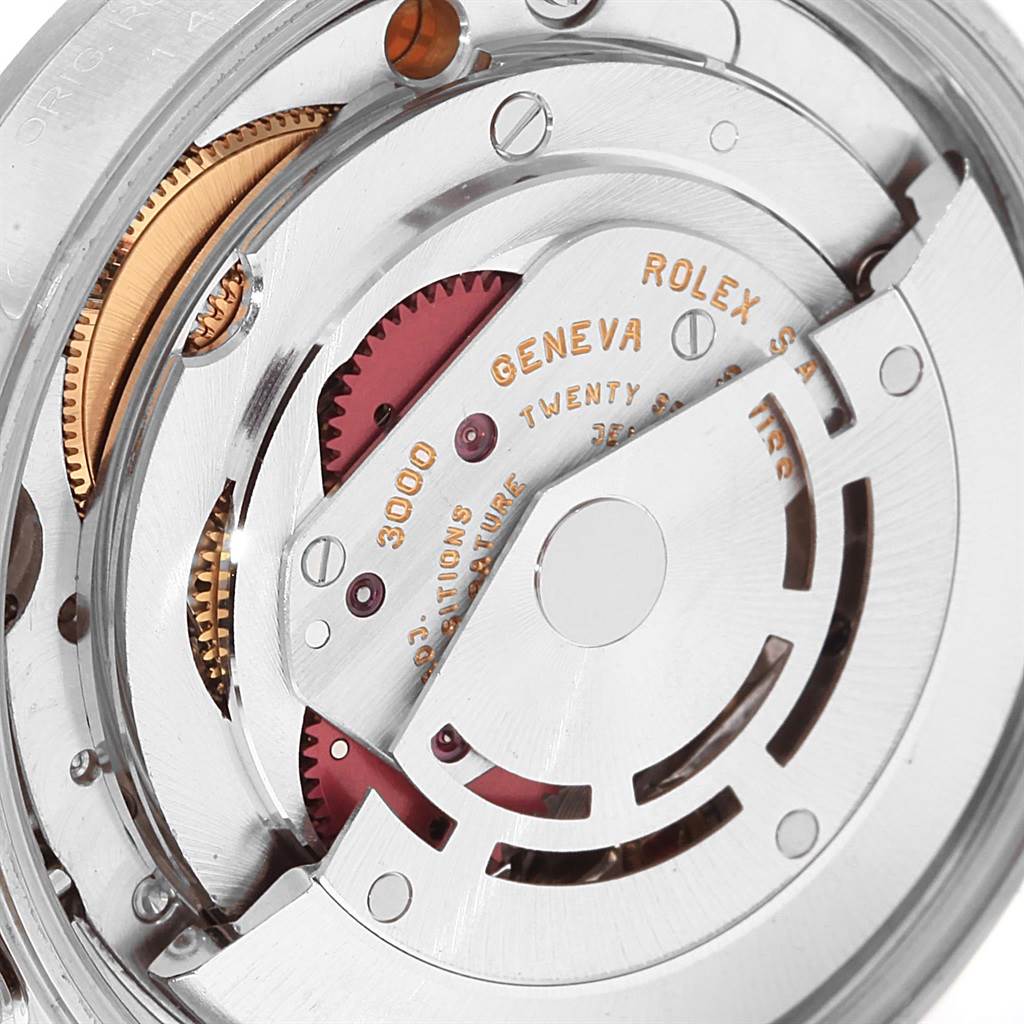 This image shows a close-up view of the inner mechanical movement of a Rolex Air-King 14000 Men's Stainless Steel Blue Dial 14000 Men's Stainless Steel Blue Dial watch.