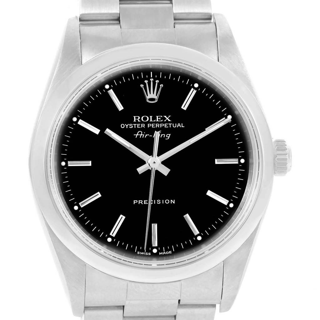 This image shows a front view of the Rolex Air-King 14000 Men's Stainless Steel Black Dial 14000 Men's Stainless Steel Black Dial watch, displaying its face, bezel, and partial bracelet.