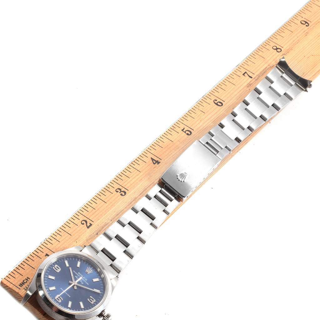 The image shows a Rolex Air-King 14000 Men's Stainless Steel Blue Dial 14000 Men's Stainless Steel Blue Dial watch lying flat with a ruler for size reference, displaying the dial, bracelet, and clasp.
