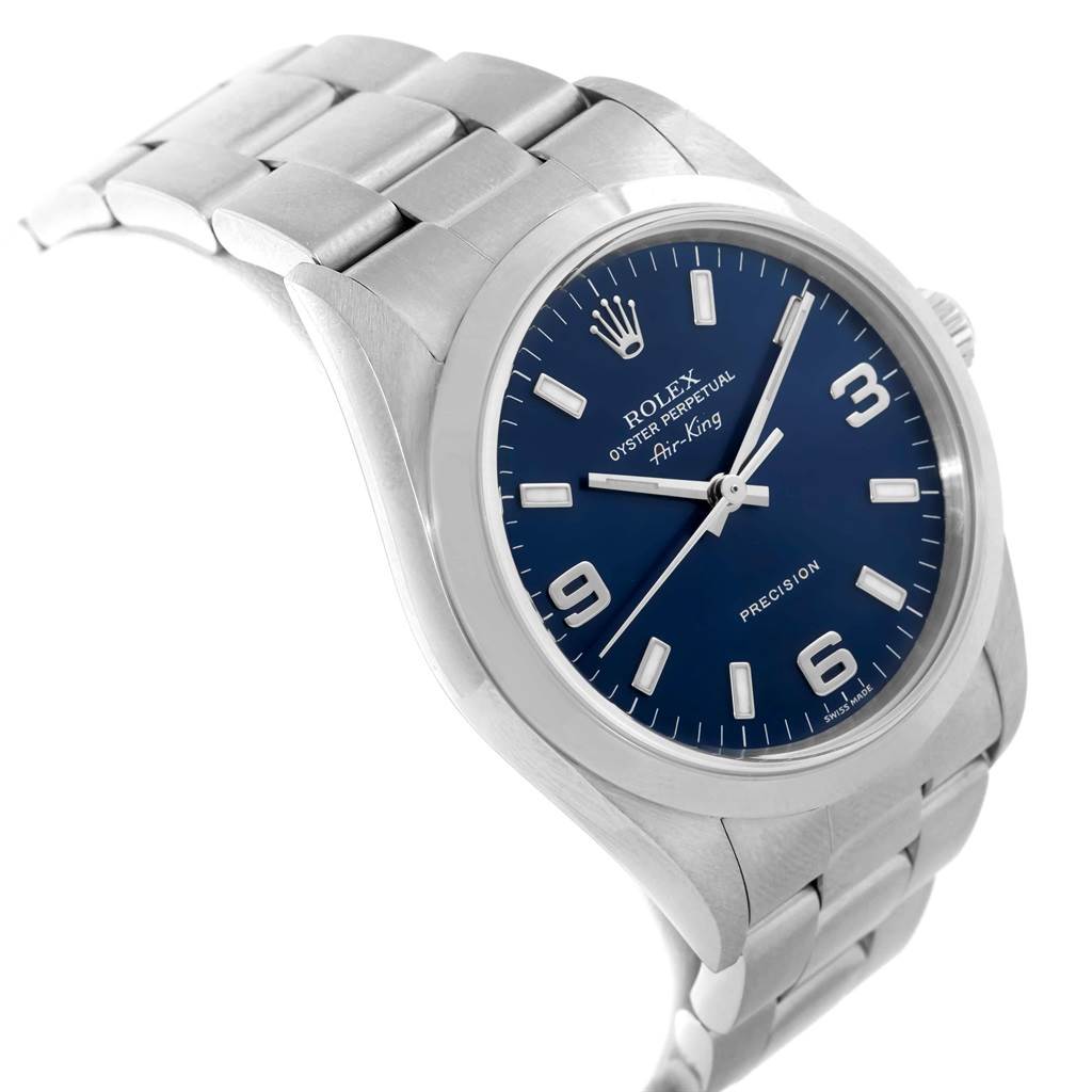This image shows a Rolex Air-King 14000 Men's Stainless Steel Blue Dial 14000 Men's Stainless Steel Blue Dial watch, featuring its face, casing, and part of the bracelet at a slightly tilted angle.